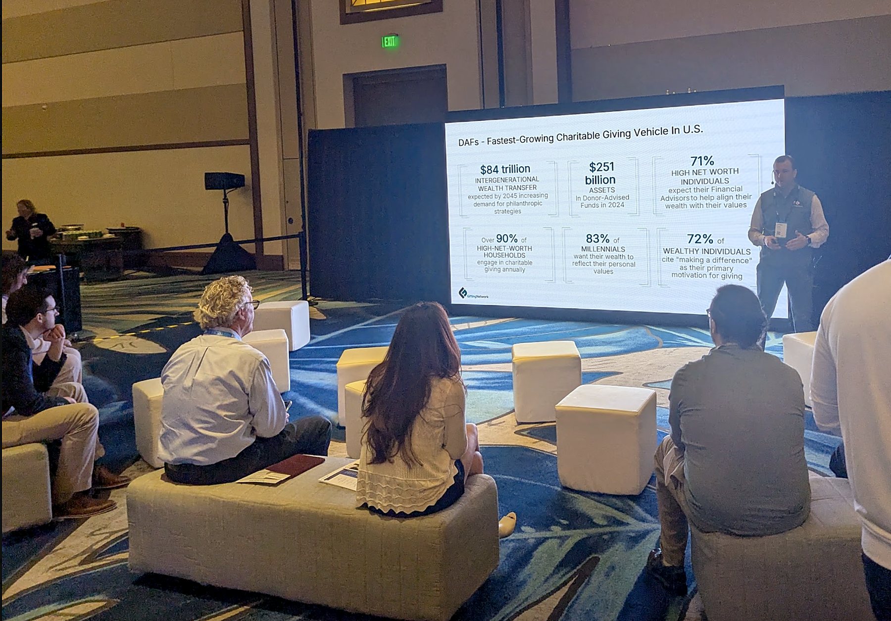 A GiftingNetwork presenter speaks to a seated conference audience in front of a screen showing donor-advised fund statistics